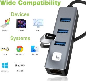 Adapter Techly Karta Sieciowa USB-C 3.1 na RJ45 Gigabit z Hubem 3x USB 3.0 5