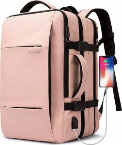 Plecak wodoodporny Bange na laptopa 15.6" miejski podróżny 47x31x15-25 cm do pracy samolotu męski damski z portem USB Różowy 7