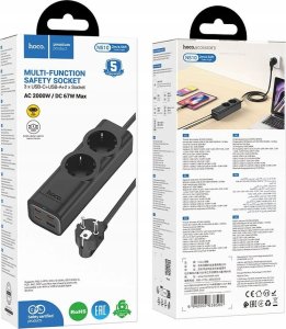 HOCO listwa zasilająca 2 gniazda + USB A + 3 x Typ C PD QC3.0 3A 67W NS10 2 m czarna 5