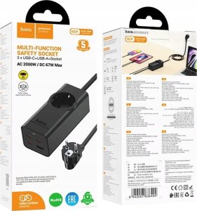HOCO listwa zasilająca 1 gniazdo + USB A + 3 x Typ C PD QC3.0 3A 67W NS9 2 m czarna 3