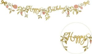 Baner Happy Birthday kwiaty różowo złote 1.3m 1