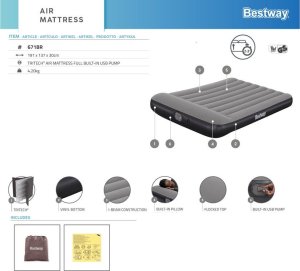 Bestway 2os Dmuchany Materac Tritech Wbudowana pompka USB 191x137cm 671BR 14