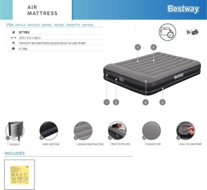 Bestway dmuchany Materac Tritech z wbudowaną pompką USB 152x203cm 671BU 14