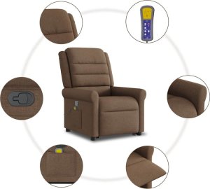 vidaXL Podnoszony fotel masujący, rozkładany, brązowy, obity tkaniną 10