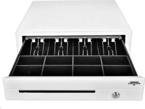 Virtuos szuflada kasowa C420D - z kablem, metalowe uchwyty, 9-24V, biała 2