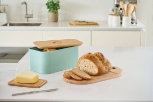 Chlebak metalowy miętowy z bambusową pokrywką 30x18 x14 cm 3