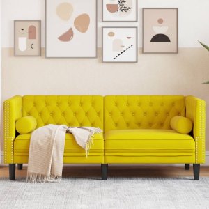 vidaXL Sofa Chesterfield z wałkami, dwuosobowa, żółta, aksamit 1