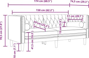 vidaXL Sofa Chesterfield z wałkami, dwuosobowa, żółta, aksamit 9