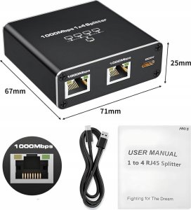SPLITTER LAN 1x4 ADAPTER ROZDZIELACZ SWITCH 2xRJ45 ETHERNET 1000Mb GIGABIT one size 13