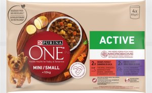 Purina One Mini Active Karma dla psów z wołowiną z ziemniakami i kaczką z makaronem 4 x 85g 1