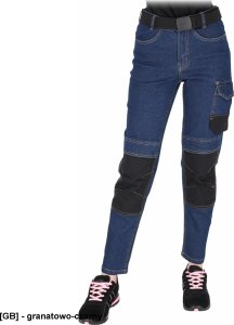 JEANS-L777 - Elastyczne spodnie ochronne do pasa damskie zapięcie guzik zamek błyskawiczny 6 kieszeni i na nakolanniki tkanina jeansowa 78% bawełna, 20% poliester 2% elastan 330 g/m2 38 1