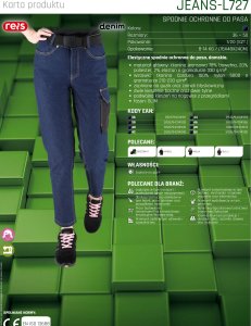 JEANS-L727 - Elastyczne spodnie ochronne do pasa damskie zapięcie guzik zamek błyskawiczny 6 kieszeni tkanina jeansowa 78% bawełna, 20% poliester 2% elastan 330 g/m2 38 3