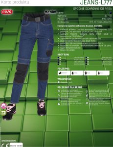 JEANS-L777 - Elastyczne spodnie ochronne do pasa damskie zapięcie guzik zamek błyskawiczny 6 kieszeni i na nakolanniki tkanina jeansowa 78% bawełna, 20% poliester 2% elastan 330 g/m2 50 3