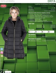 GRITA - Pikowana kurtka ochronna ocieplana damska zamek błyskawiczny stójka odsuwany kaptur ściągany troczki dwie kieszenie tkanina 100% nylon 37g/m2 wyściółka 100% poliester 220 g/m2 3XL 6