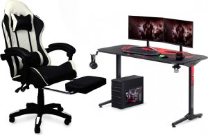 Fotel gamingowy krzesło obrotowe z podnóżkiem ekoskóra czarno-biały 11