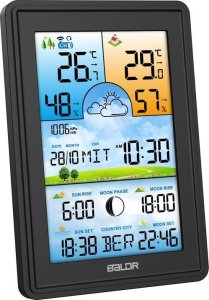 Bezprzewodowa stacja pogodowa termometr higrometr zegar fazy księżyca kalendarz budzik z drzemką czarna 12