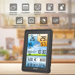 Bezprzewodowa stacja pogodowa termometr higrometr zegar fazy księżyca kalendarz budzik z drzemką czarna 9