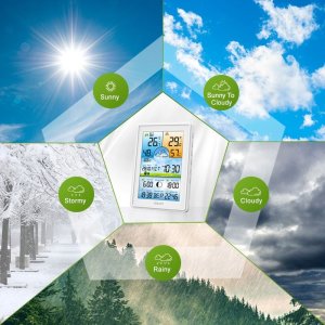 Bezprzewodowa stacja pogodowa termometr higrometr zegar fazy księżyca kalendarz budzik z drzemką biała 11