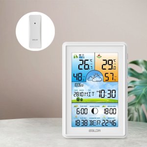 Bezprzewodowa stacja pogodowa termometr higrometr zegar fazy księżyca kalendarz budzik z drzemką biała 12