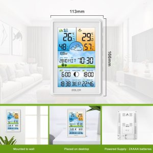 Bezprzewodowa stacja pogodowa termometr higrometr zegar fazy księżyca kalendarz budzik z drzemką biała 5