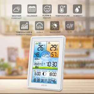 Bezprzewodowa stacja pogodowa termometr higrometr zegar fazy księżyca kalendarz budzik z drzemką biała 6