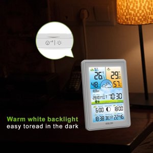 Bezprzewodowa stacja pogodowa termometr higrometr zegar fazy księżyca kalendarz budzik z drzemką biała 9