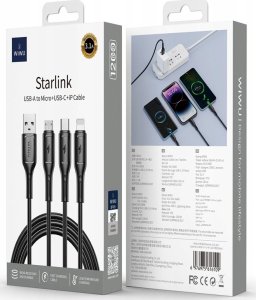 Kabel USB WiWU USB-A - USB-C + microUSB + Lightning 1.2 m Czarny (GSM186465) 2