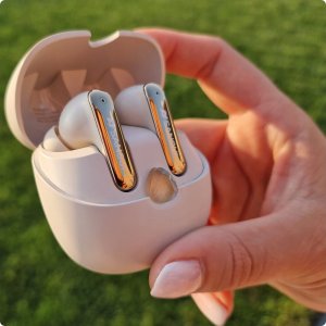 SŁUCHAWKI DAMSKIE BEZPRZEWODOWE BLUETOOTH 5.4 DOKANAŁOWE BEŻOWE + POWERBANK 8