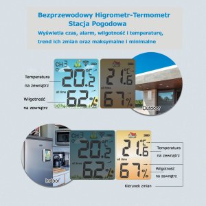 Bezprzewodowa stacja pogodowa termometr higrometr zegar alarm 9