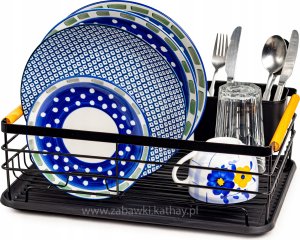 Jednopoziomowa suszarka ociekacz z tacką czarna z drewnianymi uchwytami 5