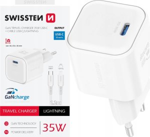 Swissten Travel Charger GaN USB-C 35W PD + Data Cable USB-C - Lightning 1.2m 1
