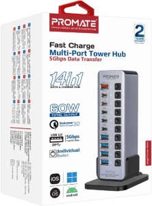 PROMATE GegaTower-60W Multiport Tower Hub 14-in-1 60W / QC3.0 / PD48W / USB 3.1 5Gbps 2