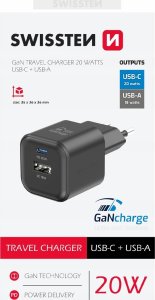 Swissten Travel Charger GaN USB-C 20W PD / USB-A 18W QC 4