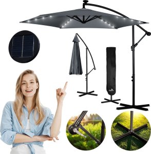 Parasol ogrodowy składany 6 segmentowy 350 cm z pokrowcem i lampkami Plonos PL-882 1