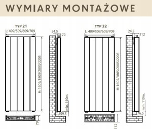 Polski grzejnik PIONOWY STYLE LINE 1800x500 moc:1412 PERFEKT 21 Dolny 48h 2