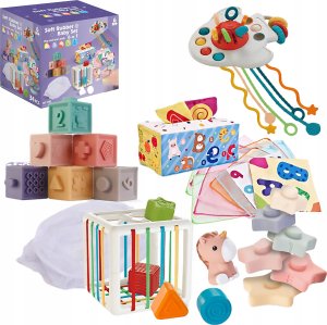ProNice Zabawki Sensoryczne Miękkie klocki 6w1, Gryzak, Sensoryczna Wieża Karty Dla Dzieci 6