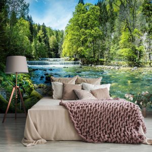 FOTOTAPETA WODOSPAD 3D LAS NATURA KRAJOBRAZ SALON TAPETA NA ŚCIANĘ 150x105 3