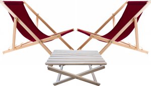 2X LEŻAK PLAŻOWY OGRODOWY DREWNIANY WOODOK bordowa tkanina + STOLIK KAWOWY SKŁADANY 1