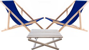 2X LEŻAK PLAŻOWY OGRODOWY DREWNIANY WOODOK chabrowa tkanina + STOLIK KAWOWY SKŁADANY 1