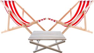 2X LEŻAK PLAŻOWY OGRODOWY DREWNIANY WOODOK w czerwone pasy + STOLIK KAWOWY SKŁADANY 1
