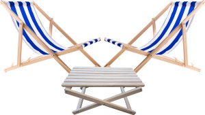 2X LEŻAK PLAŻOWY OGRODOWY DREWNIANY WOODOK w niebieskie pasy + STOLIK KAWOWY SKŁADANY 1
