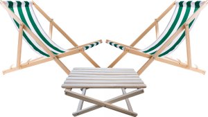 2X LEŻAK PLAŻOWY OGRODOWY DREWNIANY WOODOK w zielone pasy + STOLIK KAWOWY SKŁADANY 1