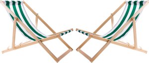 Wood OK 2X LEŻAK PLAŻOWY OGRODOWY DREWNIANY WOODOK w zielone pasy + STOLIK KAWOWY SKŁADANY 2