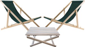 2X LEŻAK PLAŻOWY OGRODOWY DREWNIANY WOODOK zielona tkanina + STOLIK KAWOWY SKŁADANY 1