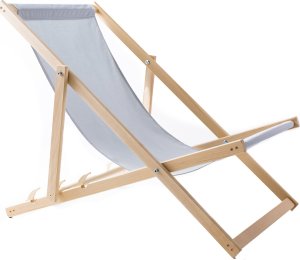 LEŻAK PLAŻOWY OGRODOWY DREWNIANY SKŁADANY WOODOK jasna szara tkanina 1
