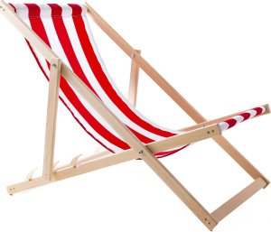 LEŻAK PLAŻOWY OGRODOWY DREWNIANY SKŁADANY WOODOK w czerwone pasy 1