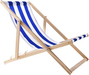 LEŻAK PLAŻOWY OGRODOWY DREWNIANY SKŁADANY WOODOK w niebieskie pasy 1