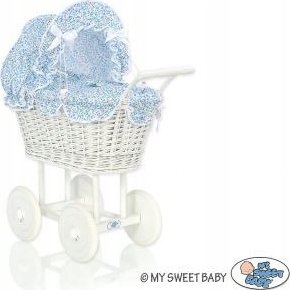 Wiklinowy wózek dla lalek wysoki z niebieską pościelką i wyściółką- biały 3