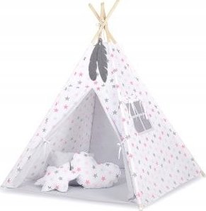 Namiot Tipi dla dzieci + zawieszki pióra - Gwiazdy szaro-różowe/szary 1