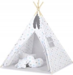Namiot TIPI dla dzieci +mata + zawieszki pióra - Gwiazdy szaro-niebieskie/szary 1
